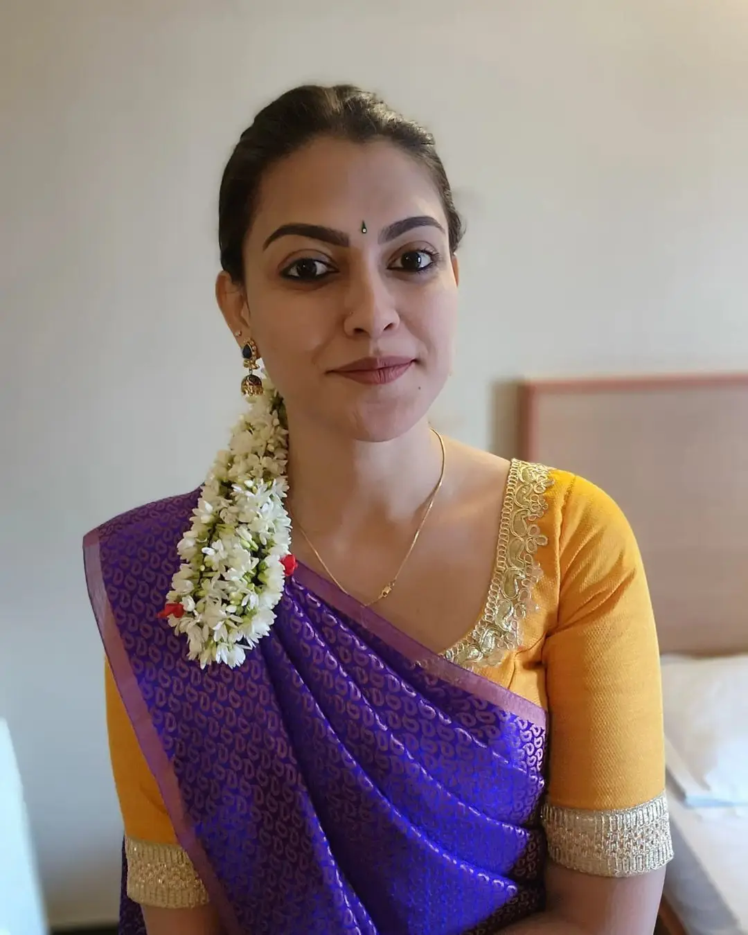 Anusree Nair Wearing Beautiful Earrings Jewellery Blue Saree Yellow Blouse